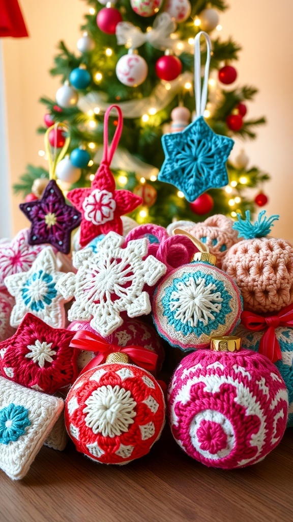A variety of crocheted Christmas ornaments in different shapes and colors on a wooden table with a Christmas tree in the background.